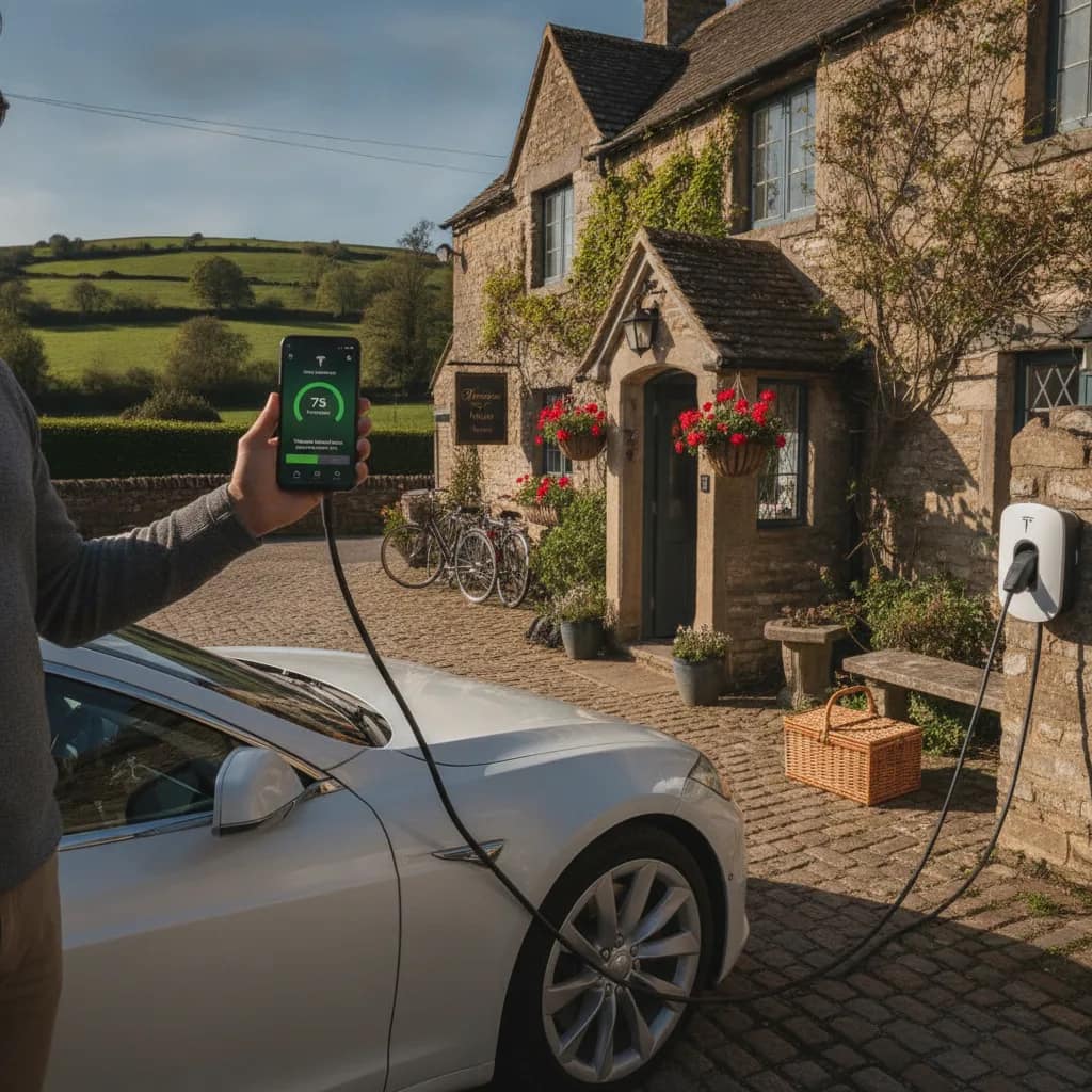 Pessoa utilizando aplicativo no celular para verificar recarga de carro elétrico em uma pousada.