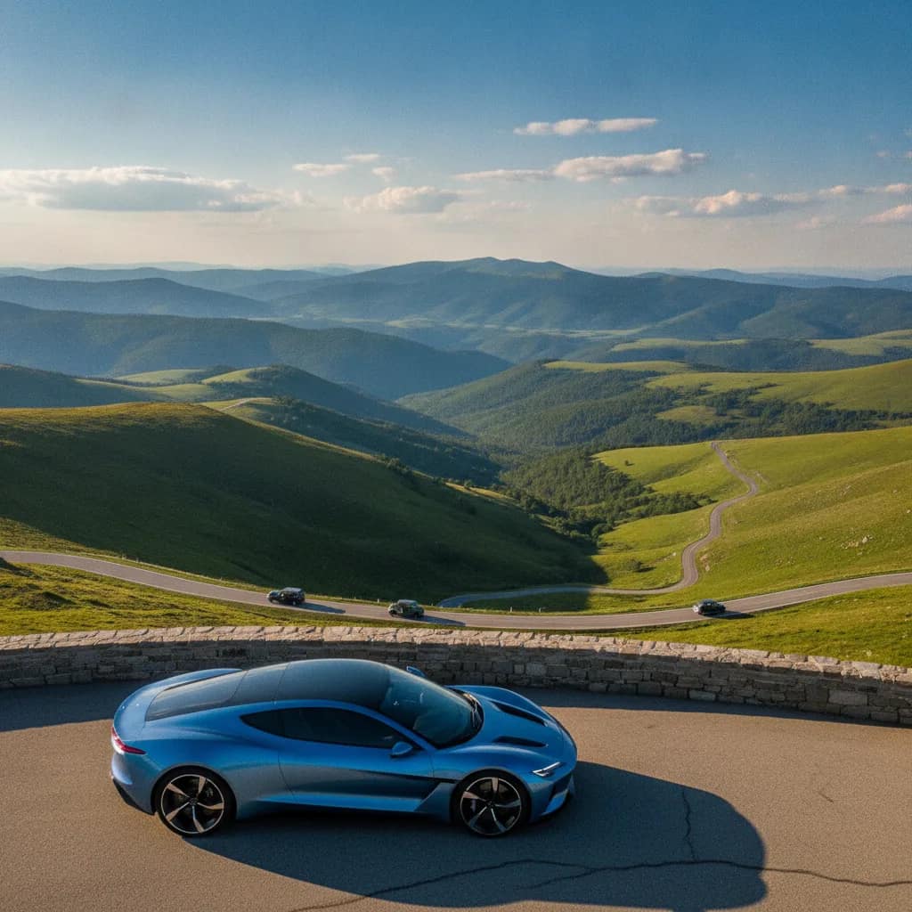 Carro elétrico estacionado em um mirante de serra com vista para a estrada e as montanhas.