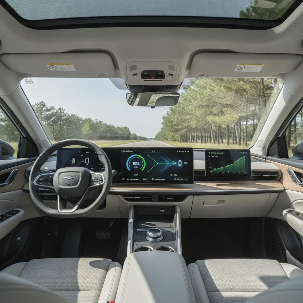 Painel interior de carro elétrico mostrando indicadores de eficiência energética.