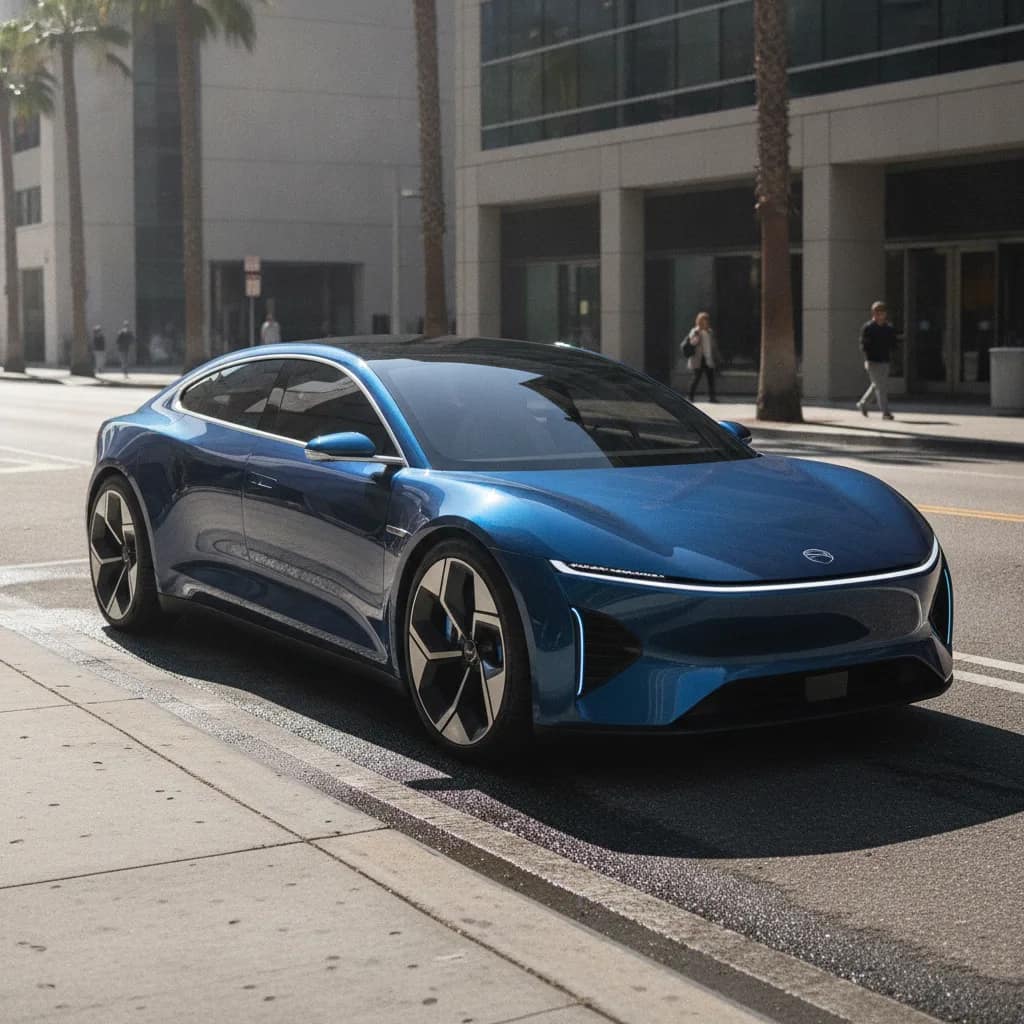 Carro elétrico moderno estacionado em uma rua ensolarada.