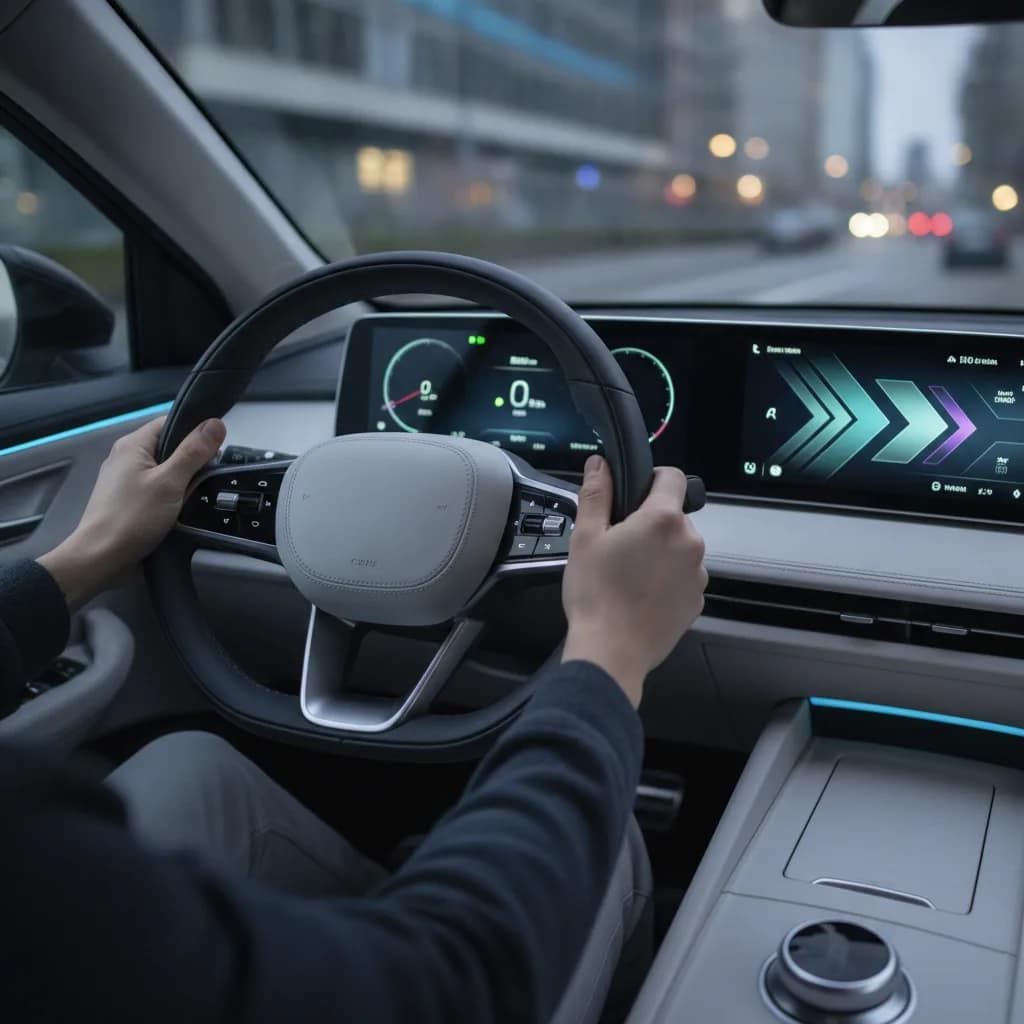 Mãos do motorista ao volante de um carro elétrico moderno mostrando o interior silencioso e tecnológico.