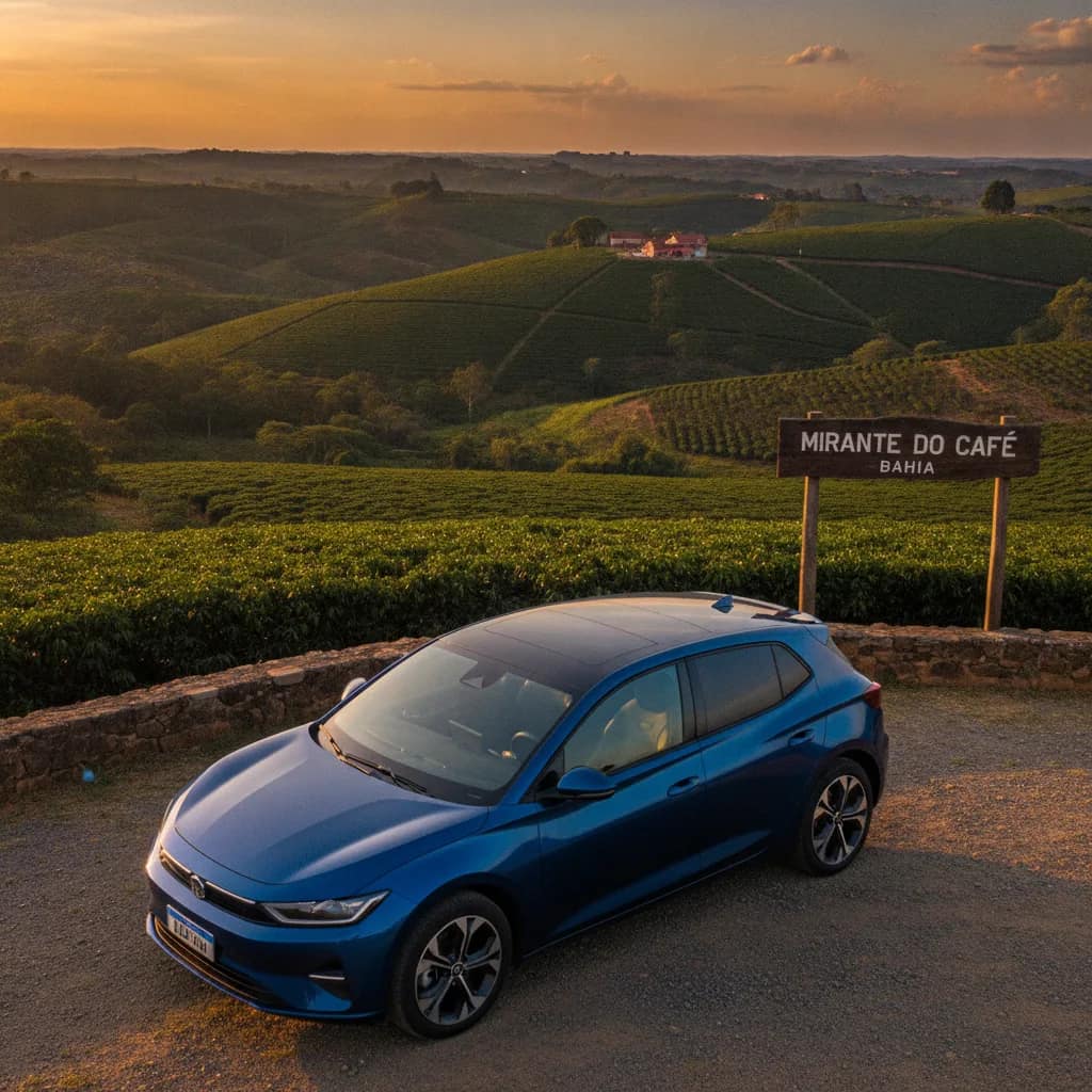 Carro elétrico estacionado na região serrana e cafeeira perto de Barra do Choça.