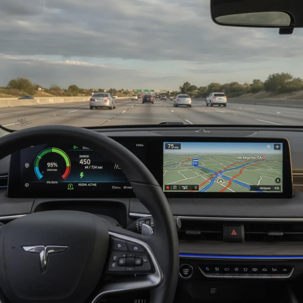 Painel digital de SUV elétrico mostrando navegação em rota de viagem.