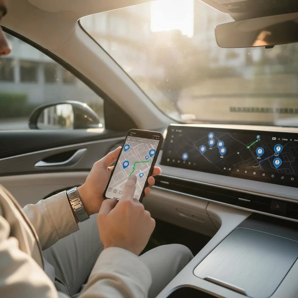 Smartphone com aplicativo de mapa de eletropostos sendo segurado dentro de um carro elétrico.