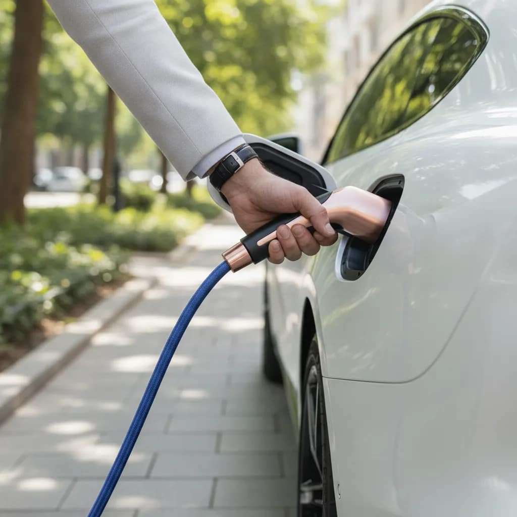 Motorista conectando cabo de carregamento em veículo elétrico em rua arborizada