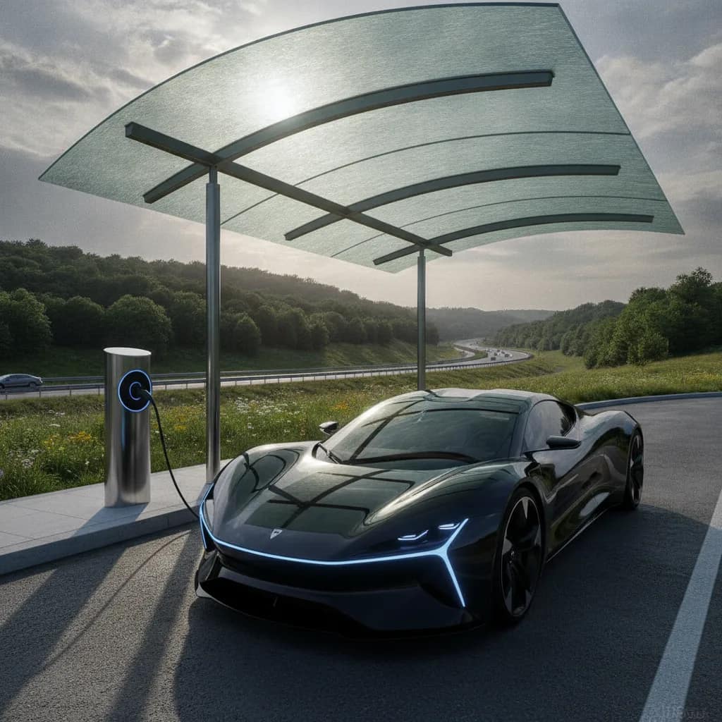Carro elétrico carregando em uma estação de recarga na estrada