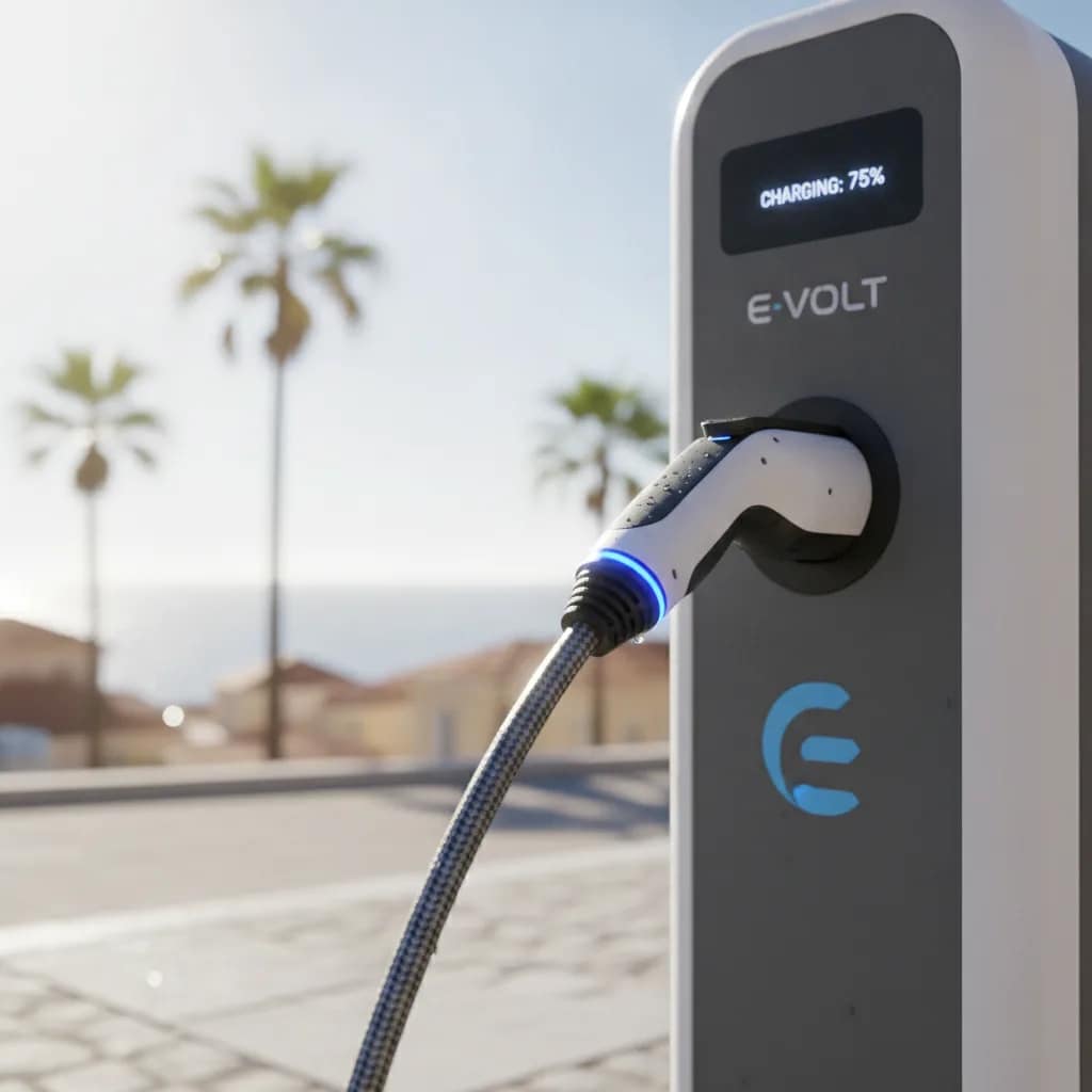 Cabo de carregamento conectado a um carro elétrico em um cenário ensolarado próximo à praia.