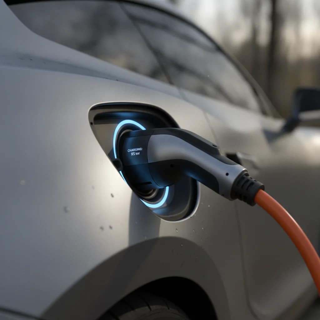 Detalhe do plugue CCS2 conectado na porta de carregamento de um carro elétrico.