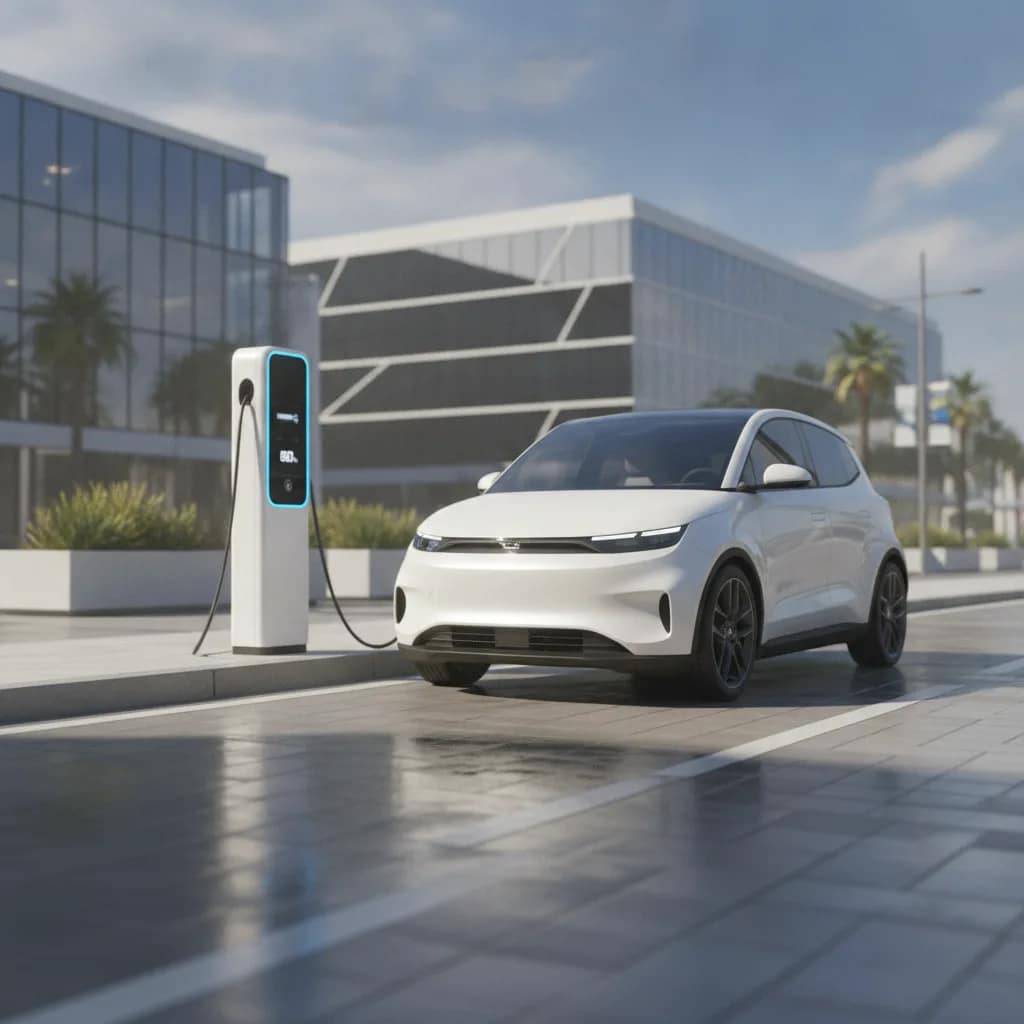 Veículo elétrico compacto estacionado próximo a um ponto de recarga urbano.