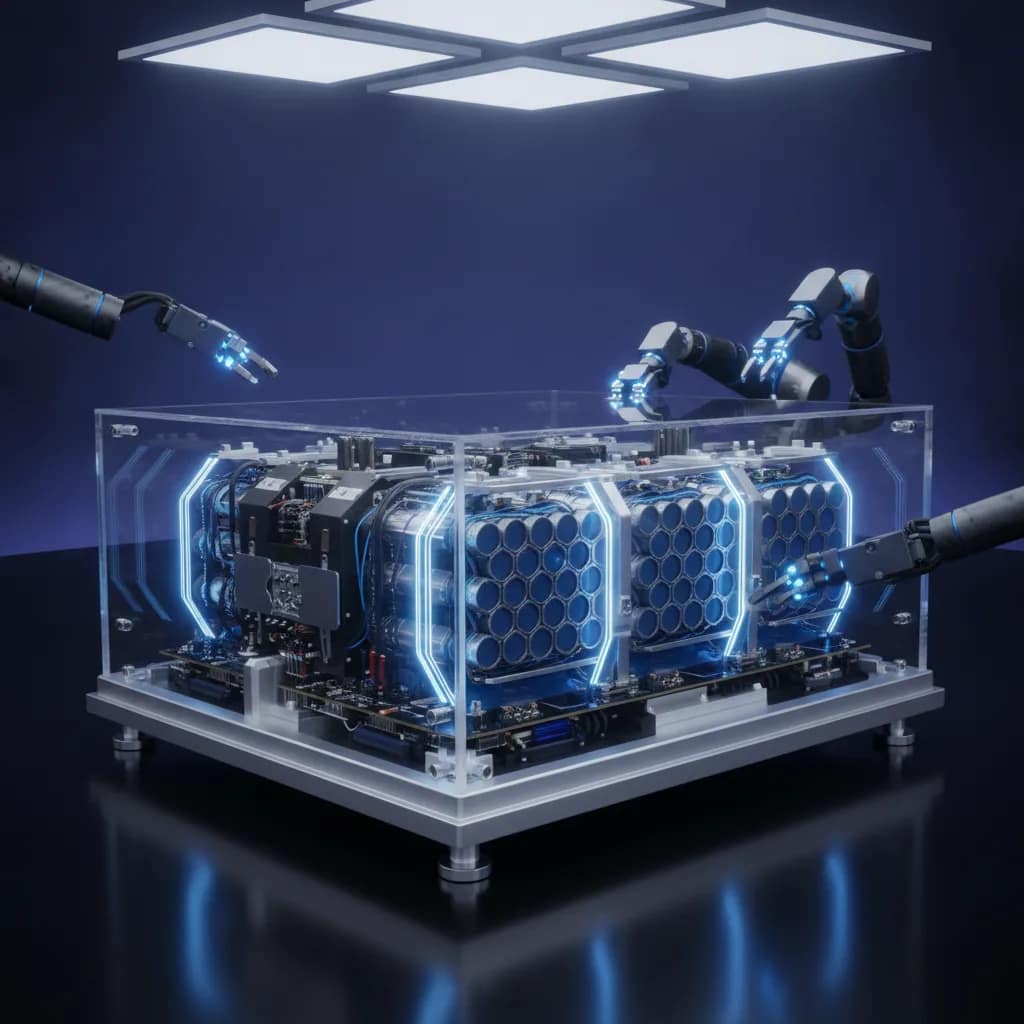 Módulos de bateria de carro elétrico expostos mostrando tecnologia interna de células.