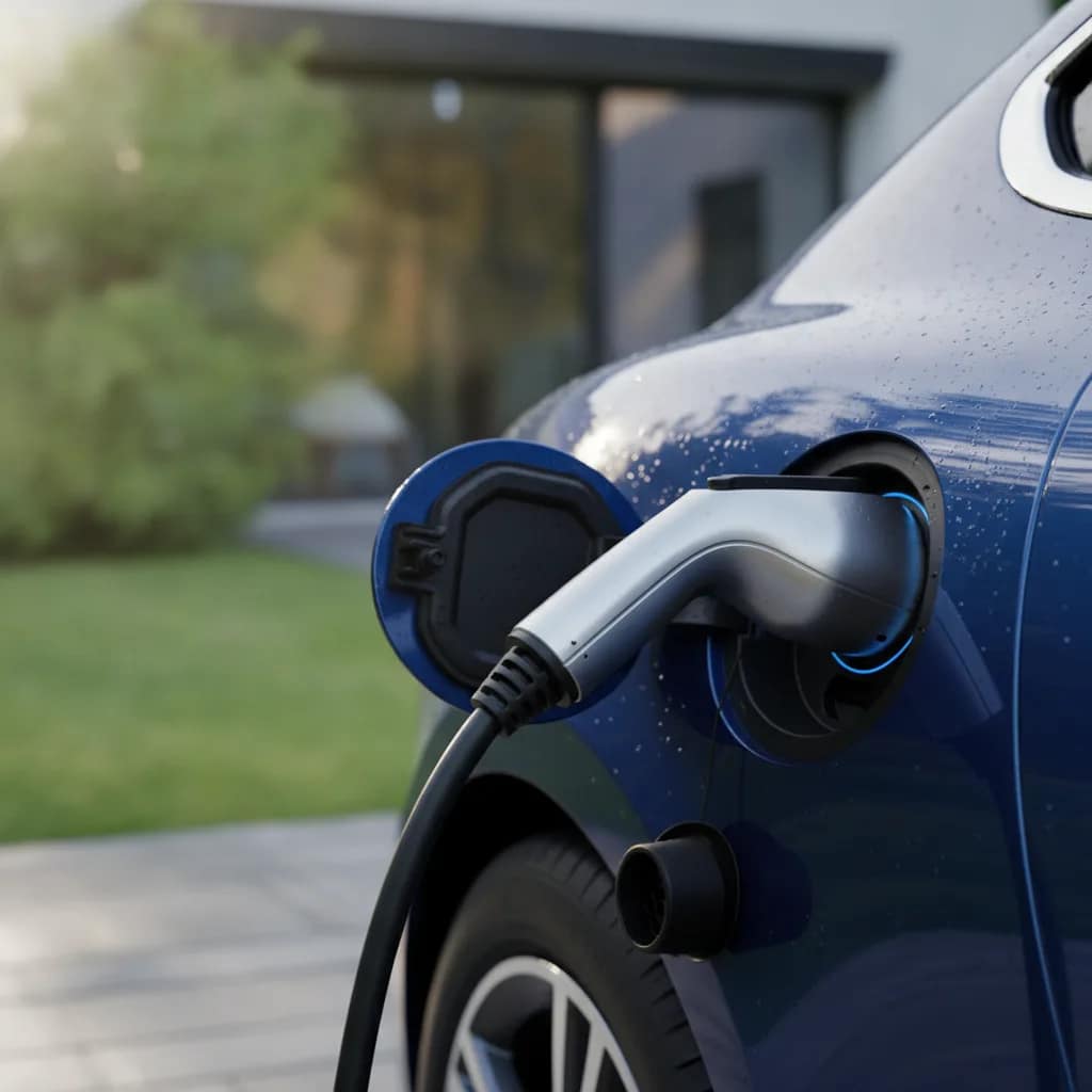 Conector de recarga encaixado no bocal de um carro elétrico