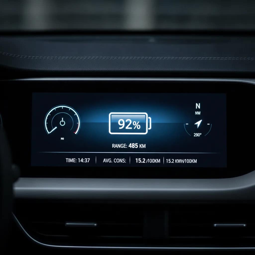 Painel digital de carro elétrico exibindo a porcentagem de bateria e autonomia restante.