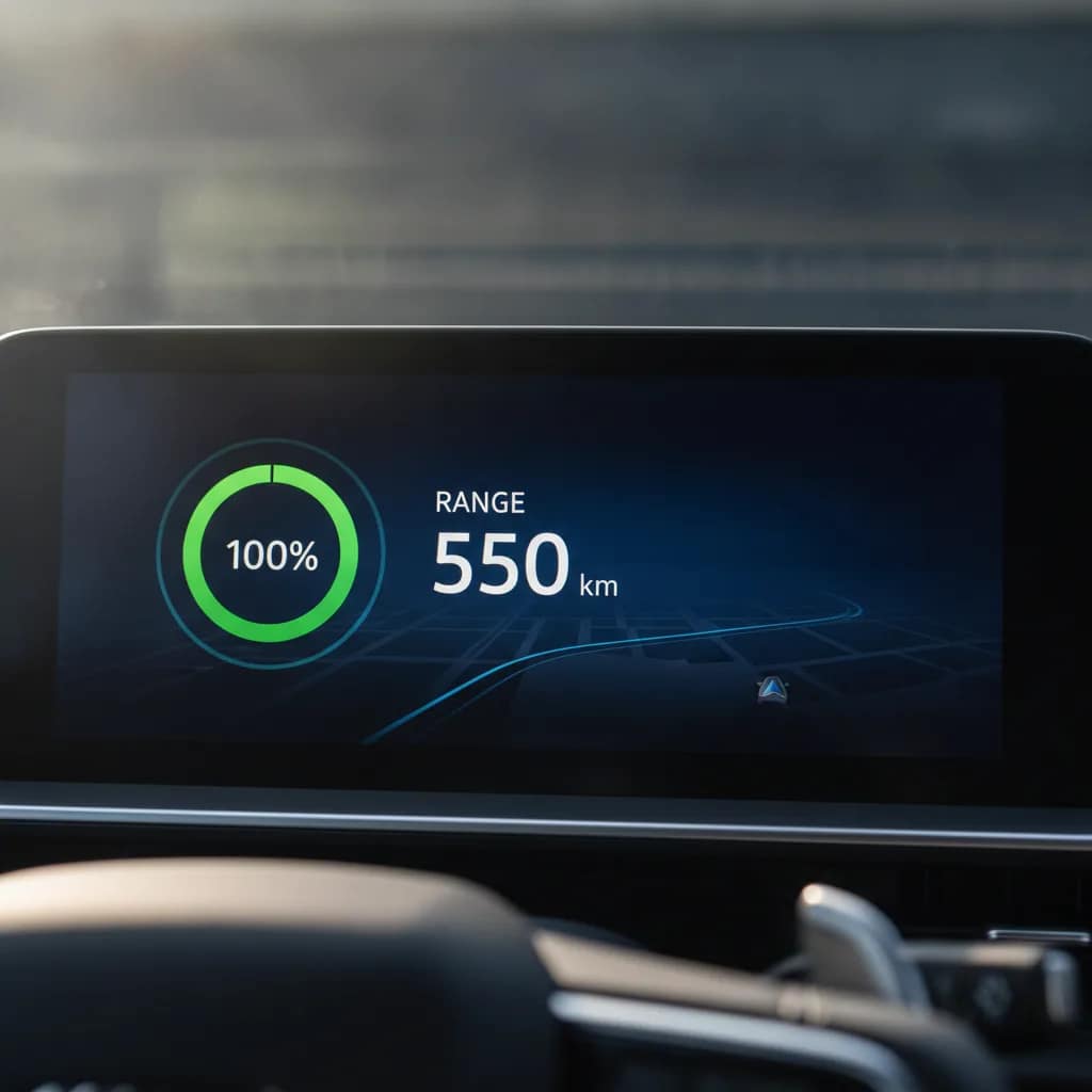 Painel digital de veículo elétrico mostrando 100 por cento de carga e autonomia estimada.