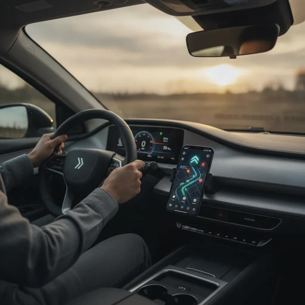 Motorista consultando aplicativo de rota e recarga no smartphone