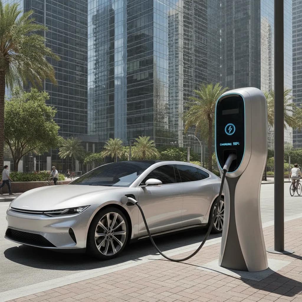 Estação de recarga para carros elétricos em ponto urbano.
