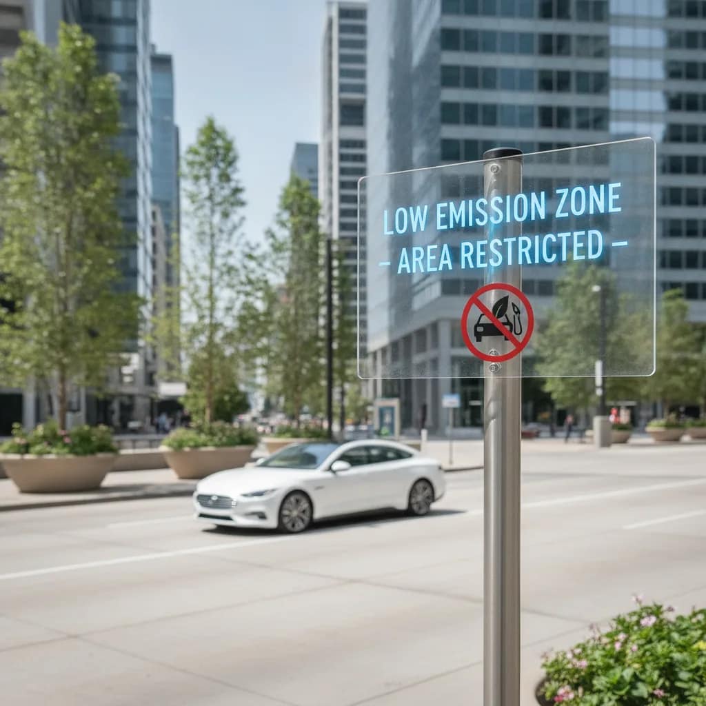 Placa indicando Zona de Baixa Emissão em uma via urbana moderna com carro elétrico ao fundo.