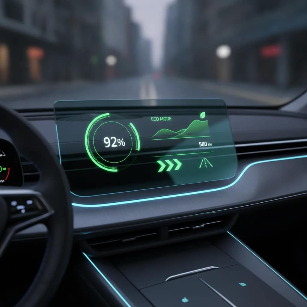 Painel digital de veículo elétrico indicando a autonomia e o modo Eco ativado.