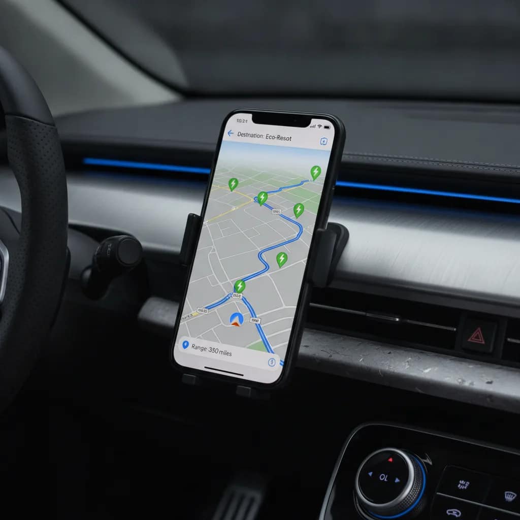 Smartphone no painel do carro exibindo mapa com rotas e pontos de recarga para viagem.
