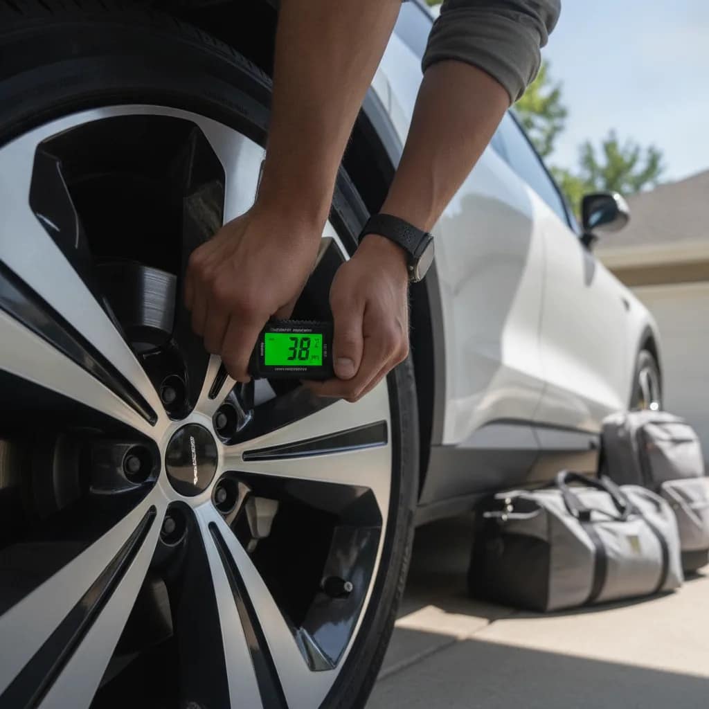 Pessoa verificando a pressão dos pneus de um carro elétrico antes de viajar.