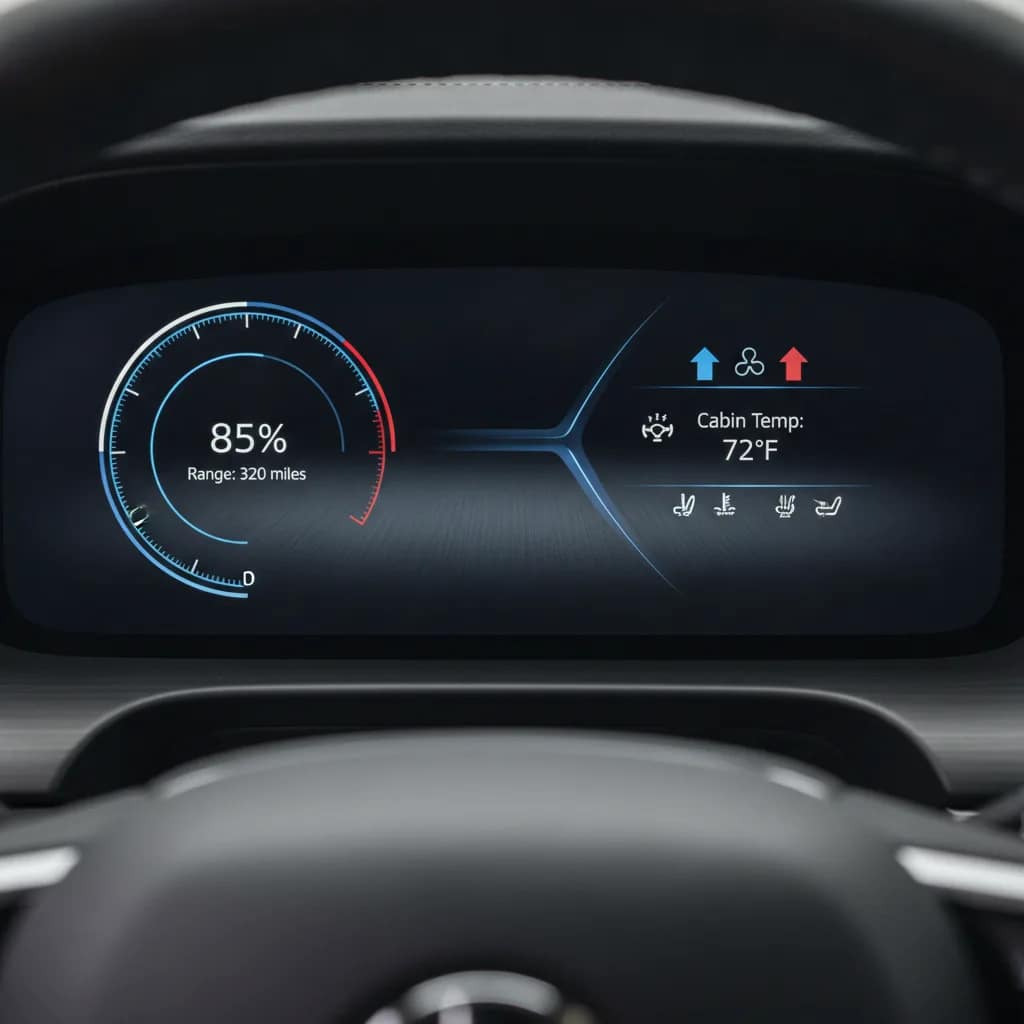 Painel digital de um carro elétrico exibindo configurações do ar-condicionado e nível de bateria.