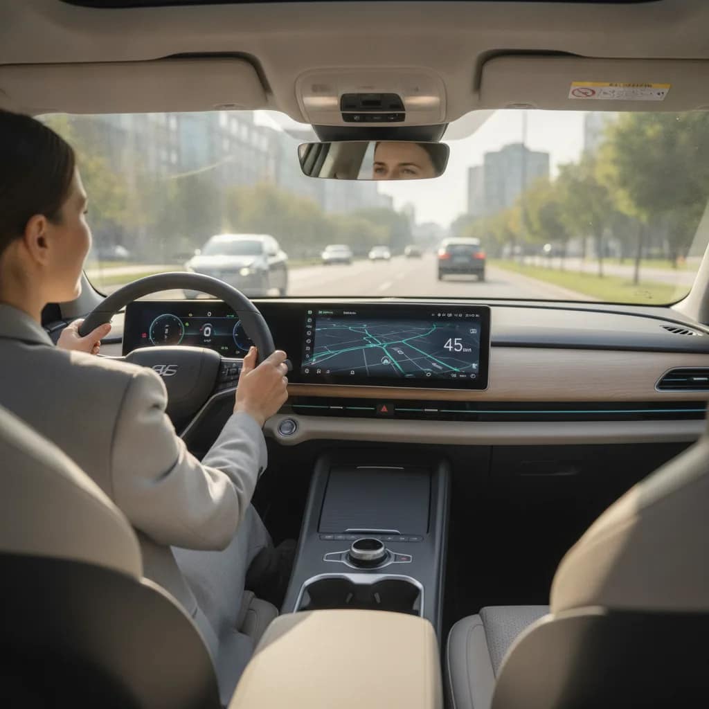 Motorista tranquilo dirigindo um carro elétrico em ambiente calmo e silencioso