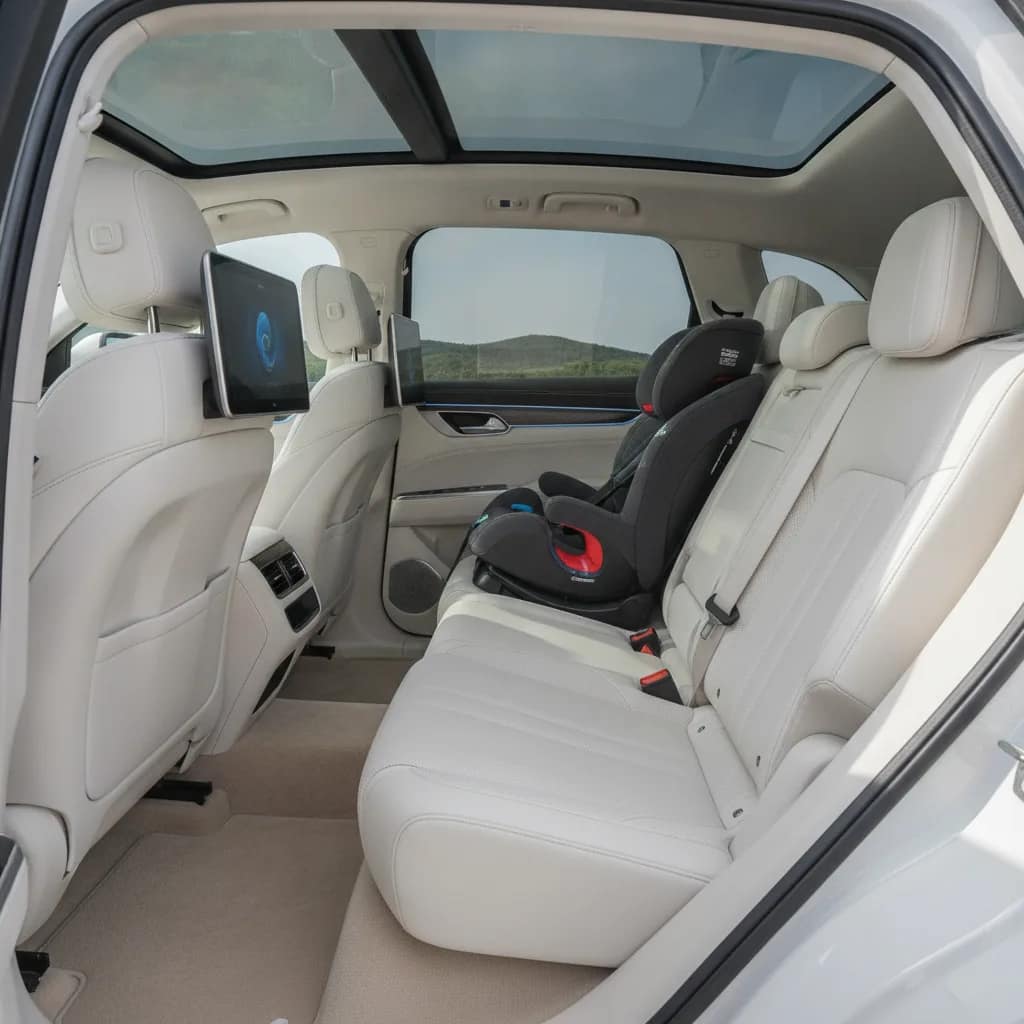 Interior de SUV elétrico com espaço traseiro amplo e cadeirinha infantil