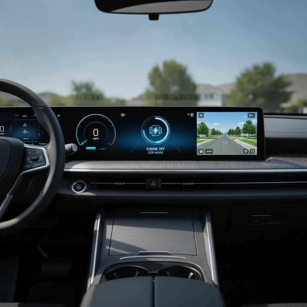 Painel de um carro elétrico destacando o ambiente silencioso e tecnológico do interior