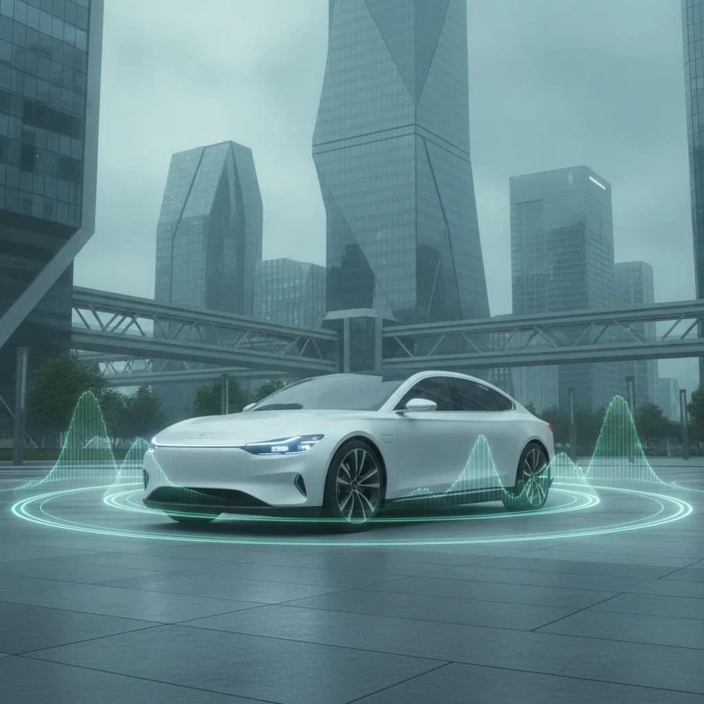 Ilustração visual sobre a baixa emissão sonora de carros elétricos no ambiente urbano.
