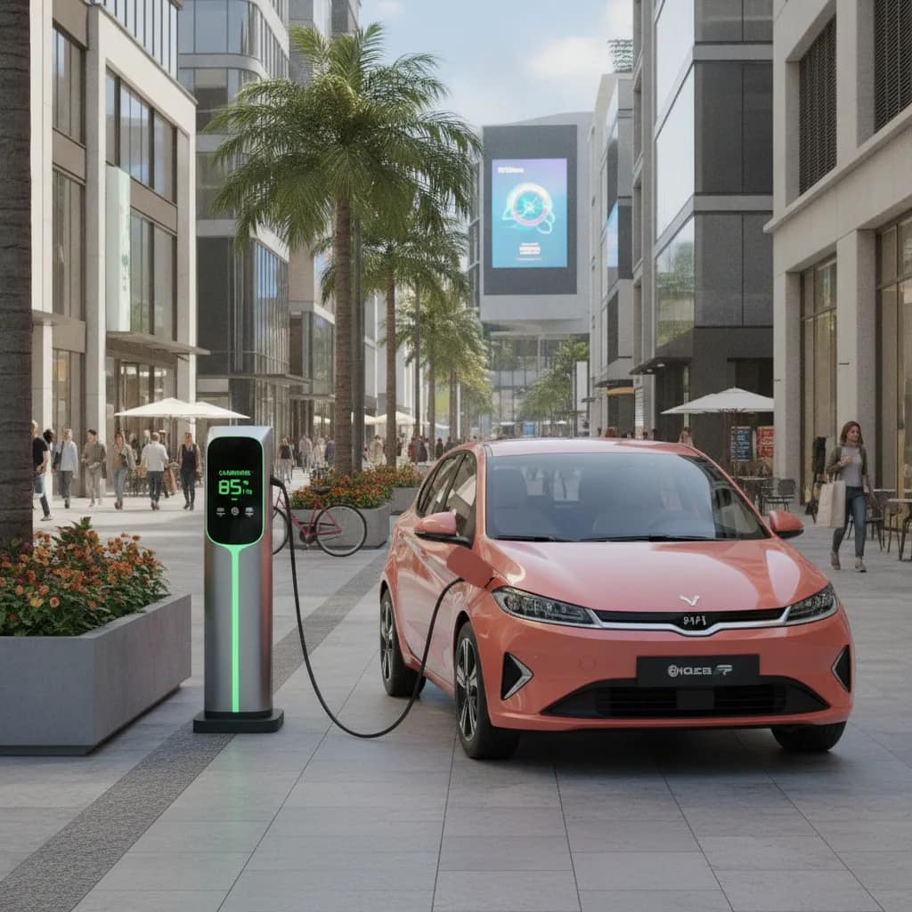 Carro elétrico compacto corporativo recarregando em ponto de recarga urbano