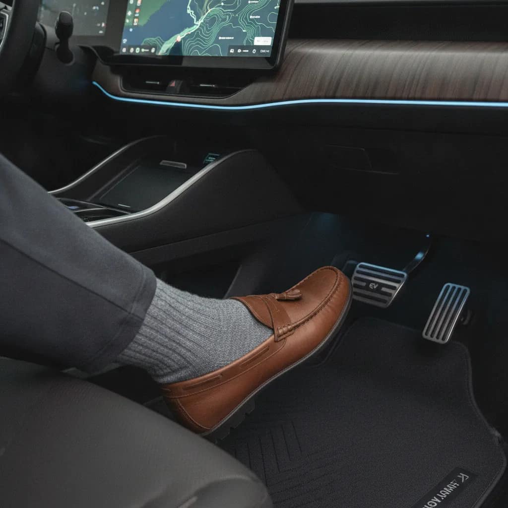 Motorista acionando o pedal do carro elétrico no interior moderno do veículo em Vitória da Conquista