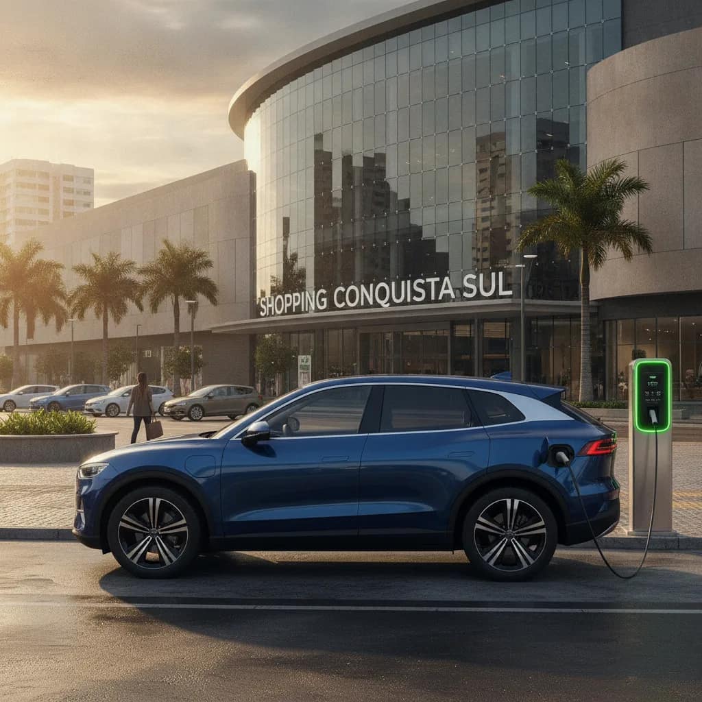 SUV elétrico recarregando em ponto de carregamento urbano em Vitória da Conquista