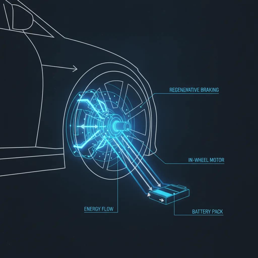 Ilustração do sistema de frenagem regenerativa direcionando energia para a bateria do carro elétrico
