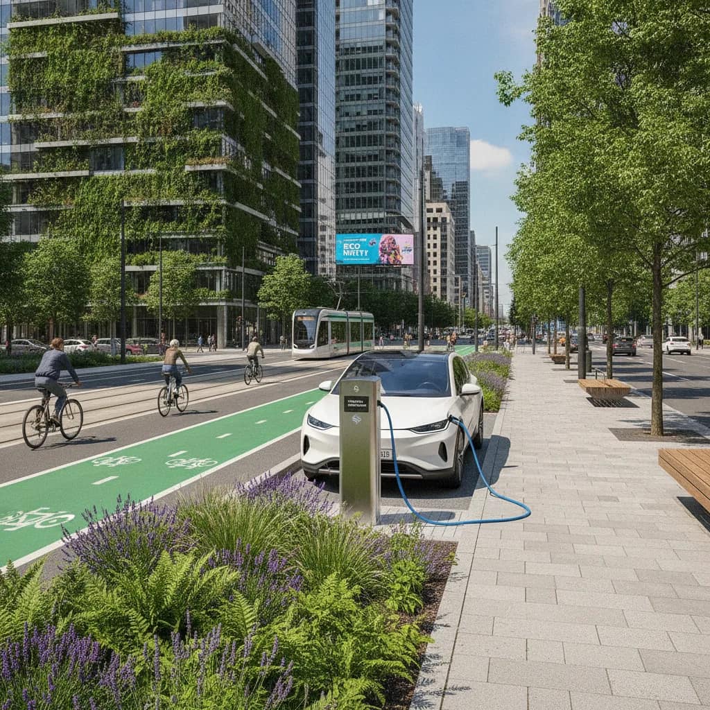 Estação de carregamento de carro elétrico em centro urbano limpo e moderno.