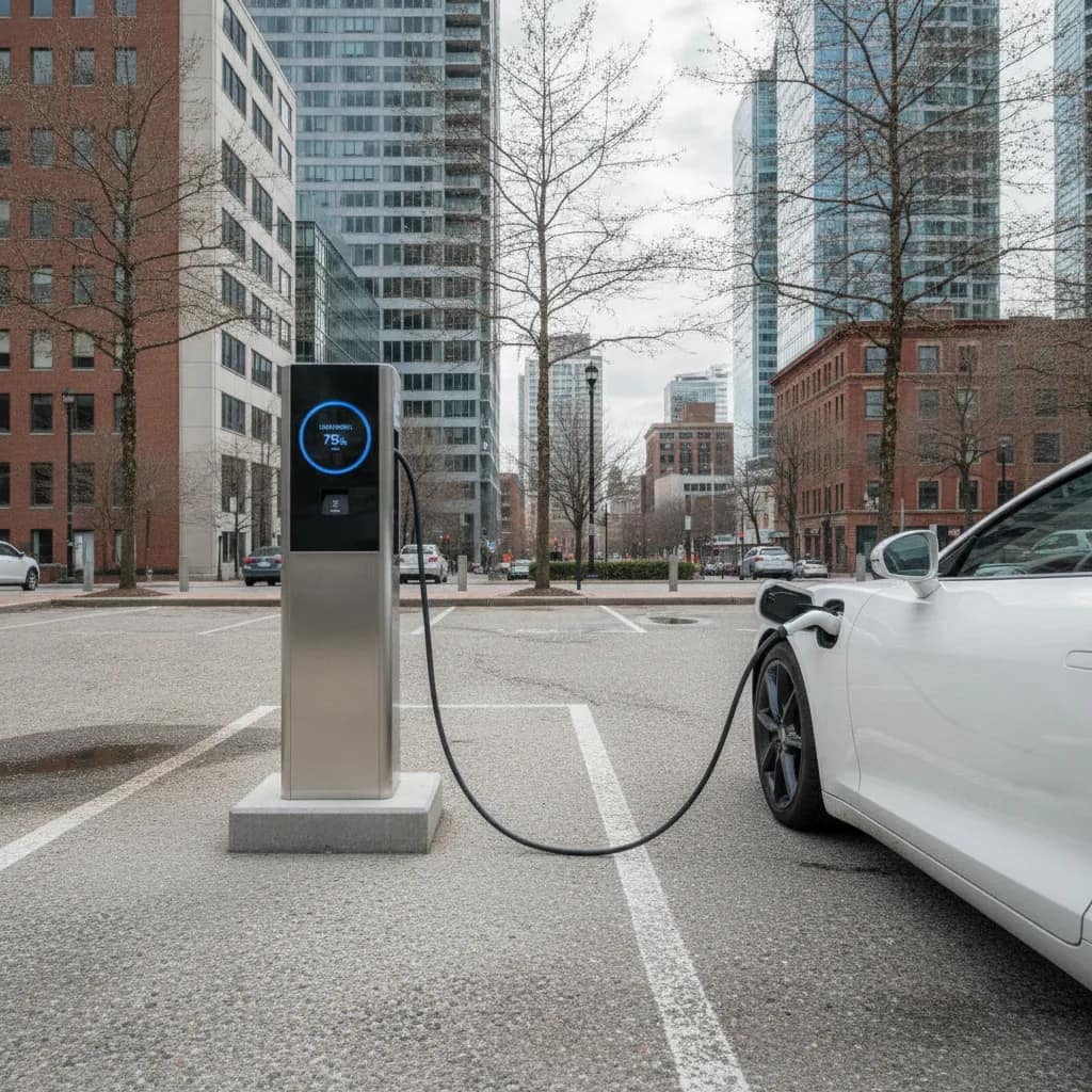 Veículo elétrico recarregando em ponto de carregamento urbano em Vitória da Conquista