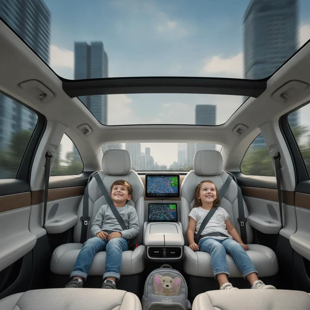 Crianças no banco traseiro espaçoso de um carro elétrico com teto panorâmico