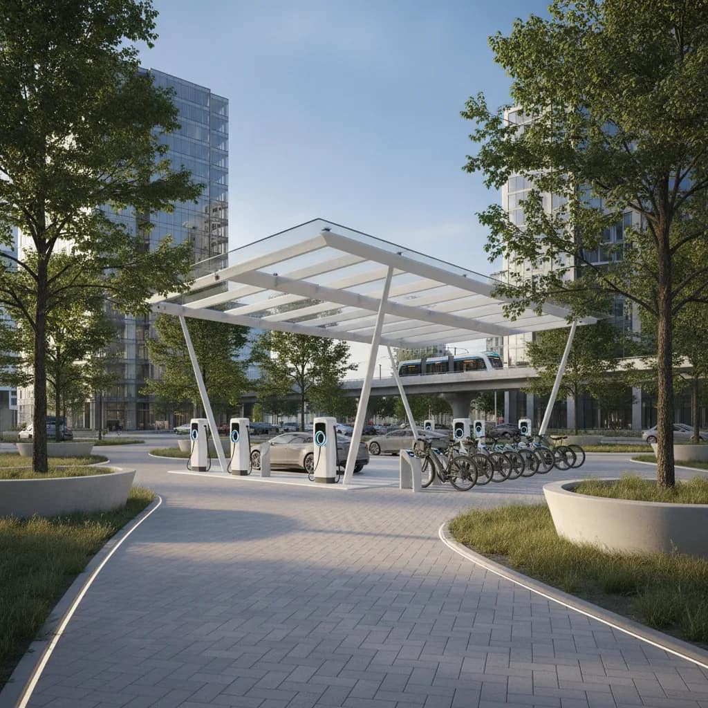Hub de mobilidade urbana sustentável com estações de recarga e transporte integrado.