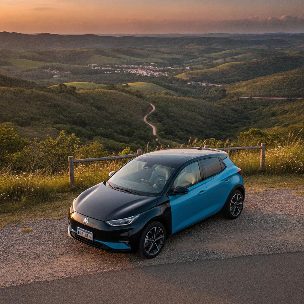 Hatch elétrico estacionado em ponto panorâmico na estrada entre Vitória da Conquista e Barra do Choça.