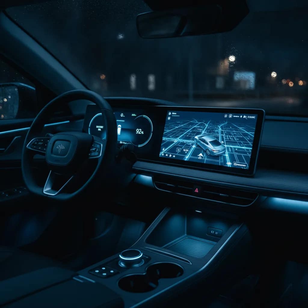 Painel interno de um carro elétrico indicando nível de bateria e mapa de navegação durante a noite.