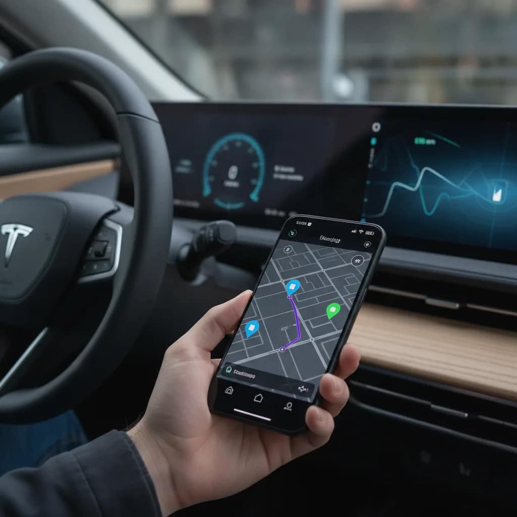 Motorista consultando mapa de eletropostos em aplicativo de celular dentro do carro elétrico