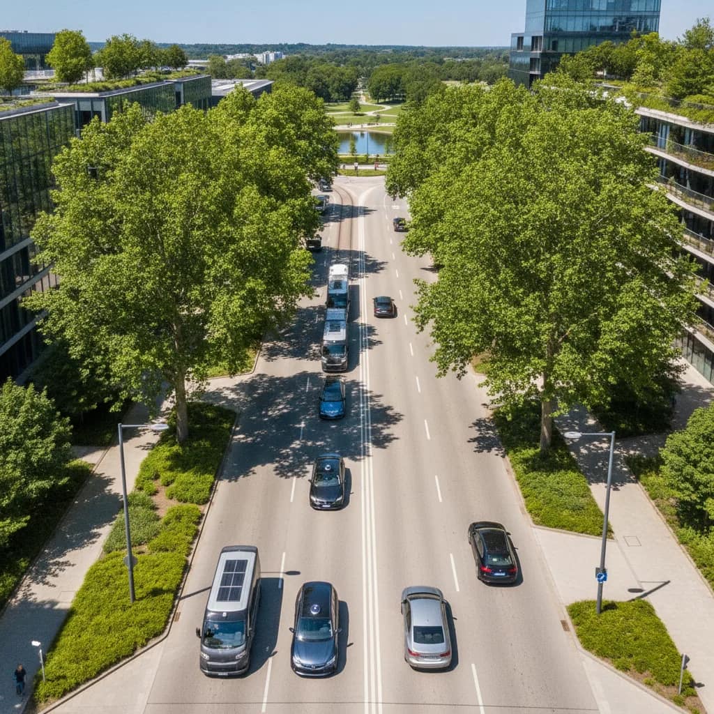 Vista aérea de uma avenida urbana arborizada com fluxo suave de carros elétricos.