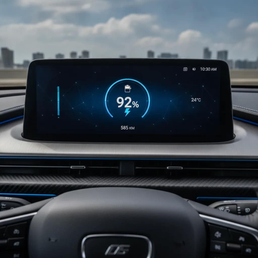 Painel digital de carro elétrico exibindo a porcentagem de bateria e autonomia estimada em quilômetros.