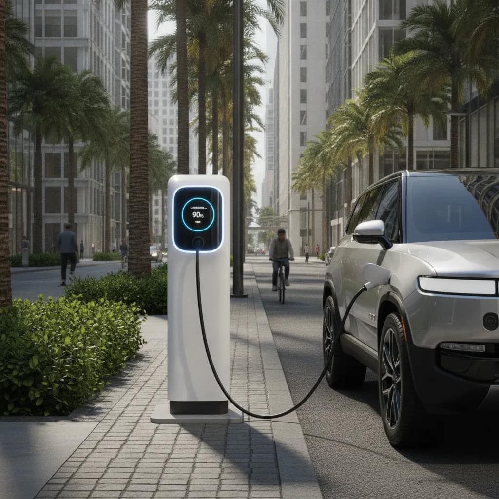 Carro elétrico carregando em ponto de recarga urbano.