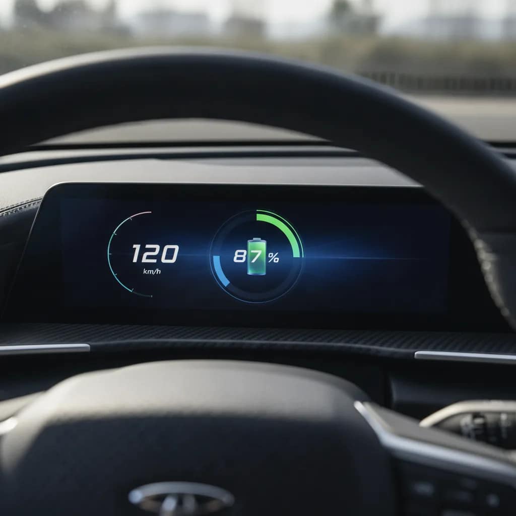 Painel digital de um carro elétrico destacando o nível de bateria e velocidade.