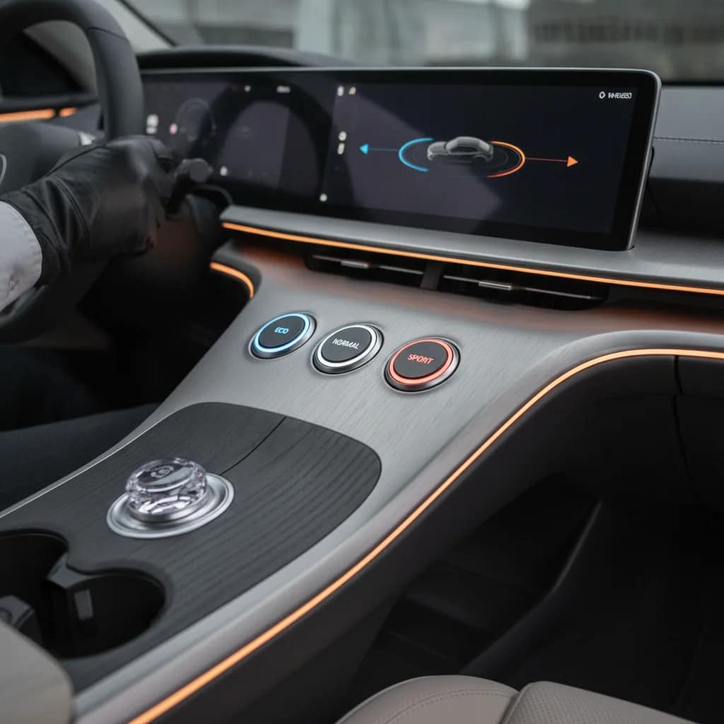 Console central de um carro elétrico mostrando os seletores dos modos de condução.
