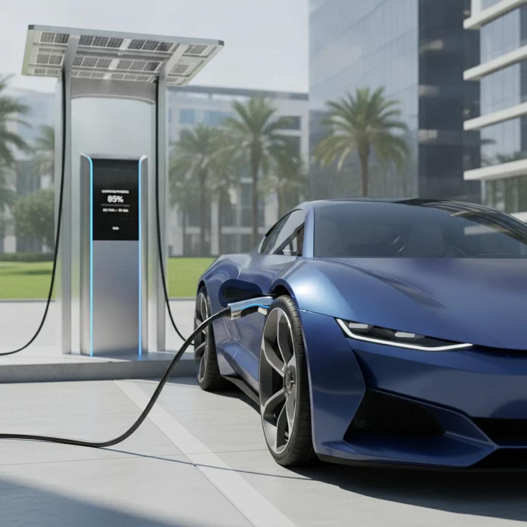 Estação de recarga para carros elétricos com conector engatado.