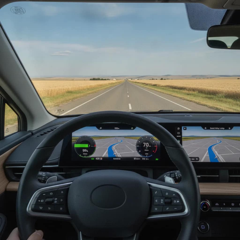 Painel digital de carro elétrico com mapa de navegação para viagem rodoviária.