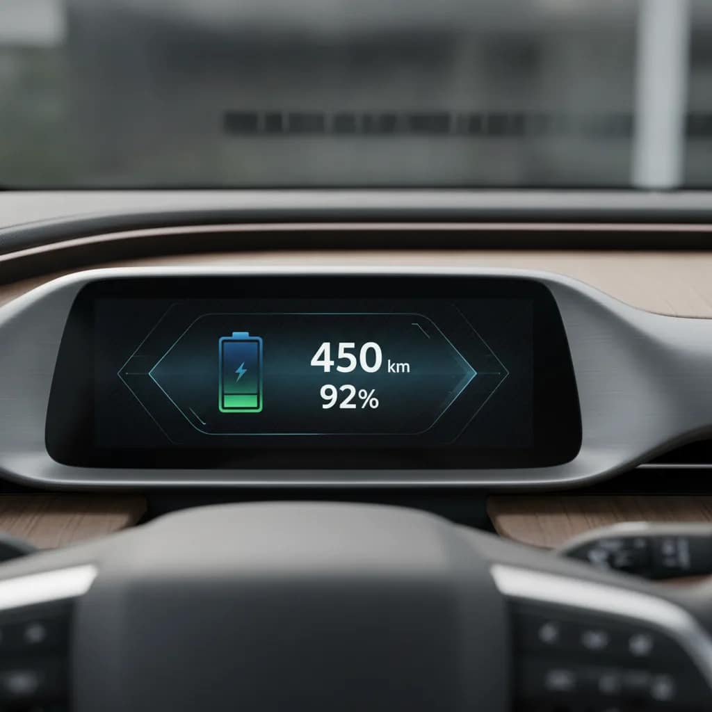 Painel digital de veículo elétrico mostrando indicação de bateria e autonomia restante