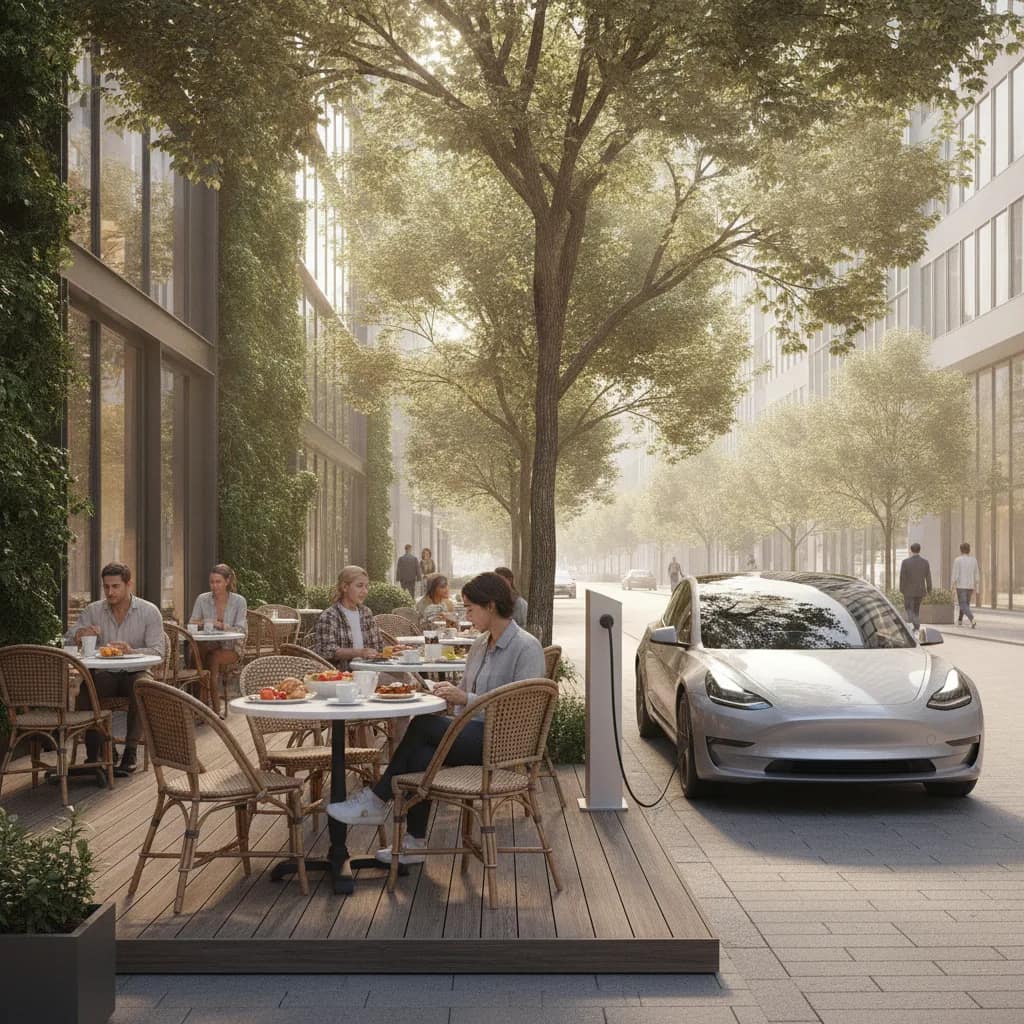 Pessoas aproveitando um café ao ar livre em uma rua urbana silenciosa com carro elétrico ao fundo.