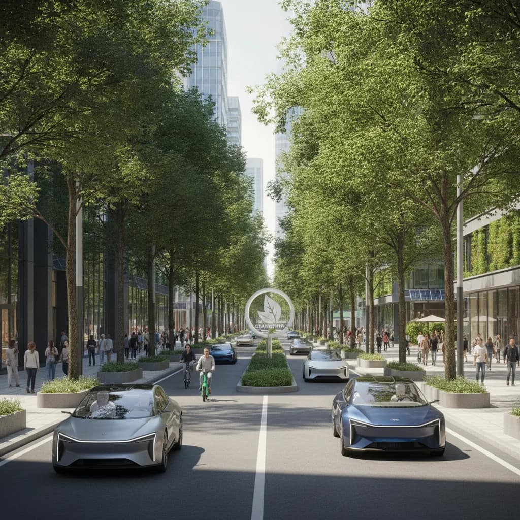Carro elétrico circulando em rua urbana arborizada e limpa.
