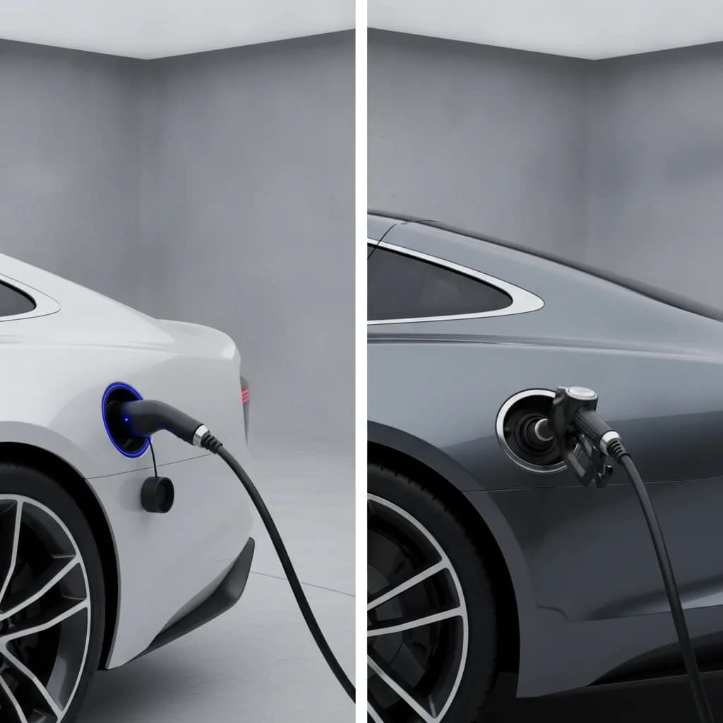 Comparação visual entre conector de recarga de veículo elétrico e bocal de combustível